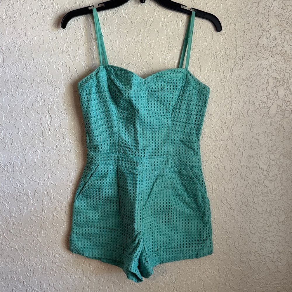 Guess Los Angeles Teal Lace Romper Size 2 Spaghetti Strap, Zip Back, Pockets
